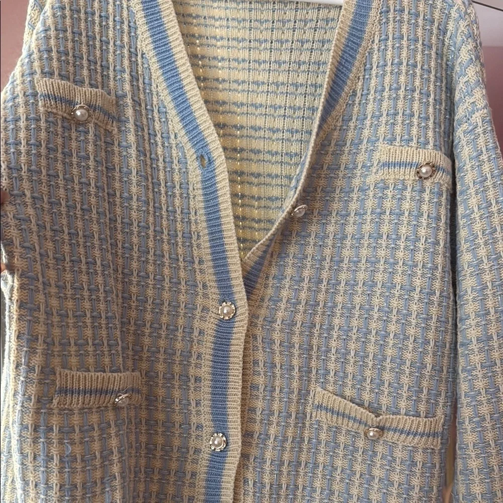 Blue and Cream Cardigan Sweater